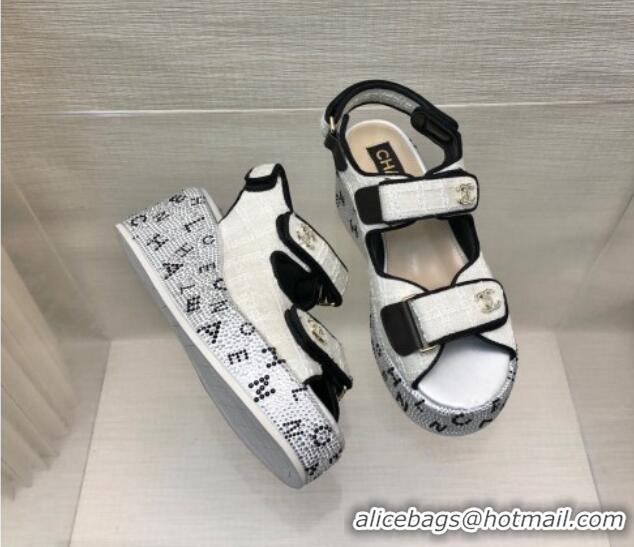 Best Price Chanel Tweed Wedge Sandals with Crystals and Letters White 423009