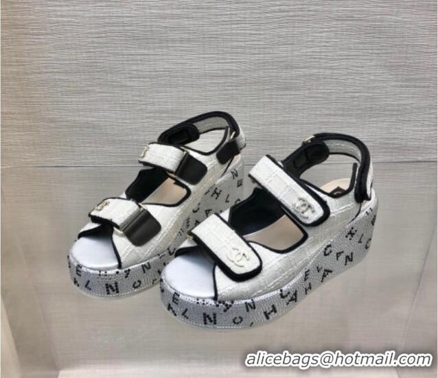 Best Price Chanel Tweed Wedge Sandals with Crystals and Letters White 423009