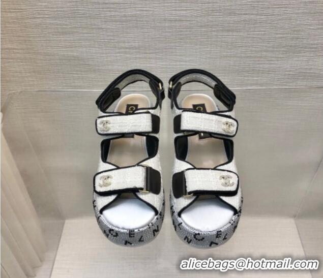 Best Price Chanel Tweed Wedge Sandals with Crystals and Letters White 423009