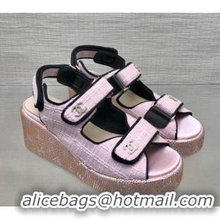 Pretty Style Chanel Tweed Wedge Sandals with Crystals and Letters Pink 423010