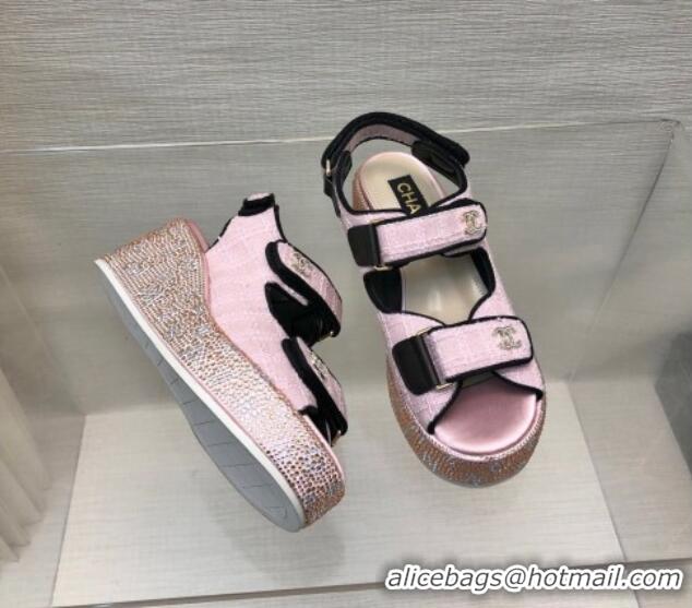 Pretty Style Chanel Tweed Wedge Sandals with Crystals and Letters Pink 423010