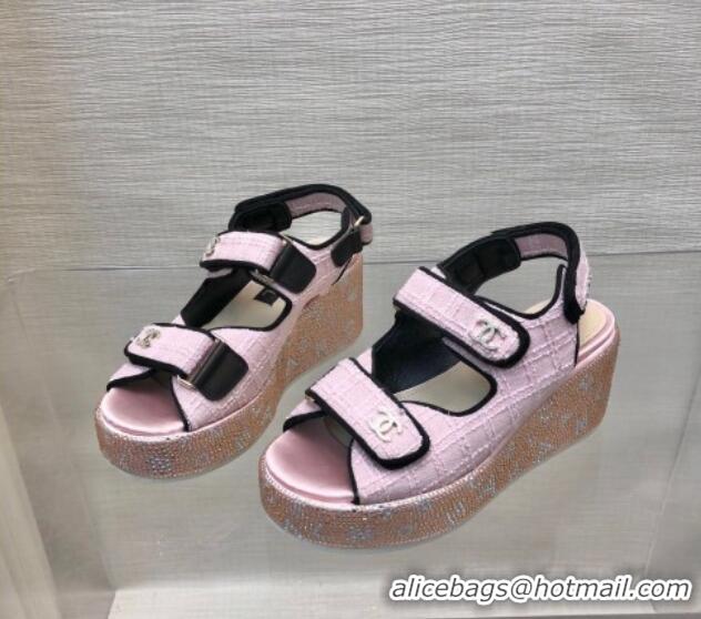 Pretty Style Chanel Tweed Wedge Sandals with Crystals and Letters Pink 423010