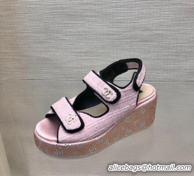 Pretty Style Chanel Tweed Wedge Sandals with Crystals and Letters Pink 423010