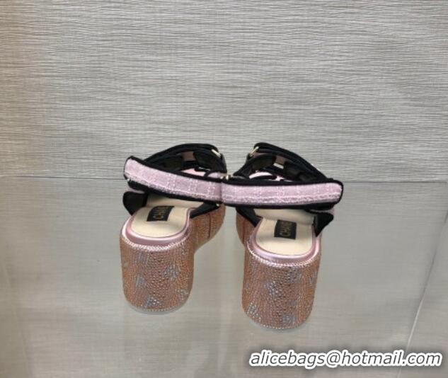 Pretty Style Chanel Tweed Wedge Sandals with Crystals and Letters Pink 423010