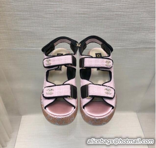 Pretty Style Chanel Tweed Wedge Sandals with Crystals and Letters Pink 423010