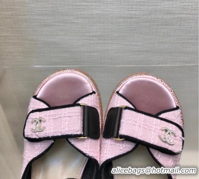 Pretty Style Chanel Tweed Wedge Sandals with Crystals and Letters Pink 423010