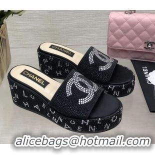 Top Grade Chanel Crystals Allover Wedge Slide Sandals with Letters Black 423011