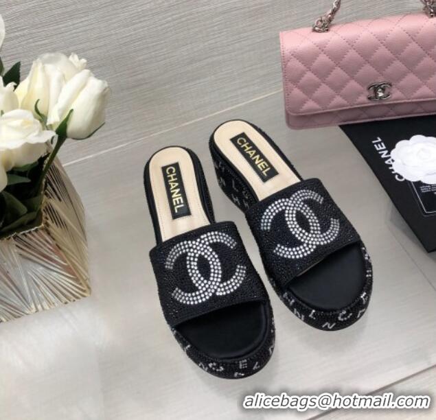 Top Grade Chanel Crystals Allover Wedge Slide Sandals with Letters Black 423011