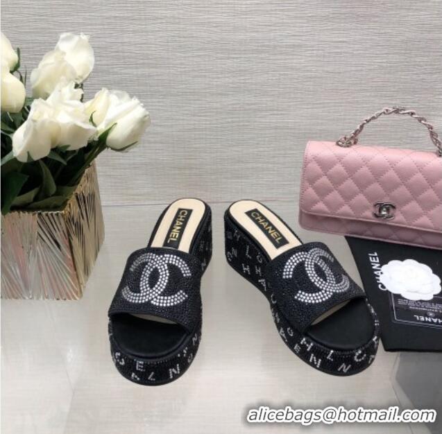 Top Grade Chanel Crystals Allover Wedge Slide Sandals with Letters Black 423011