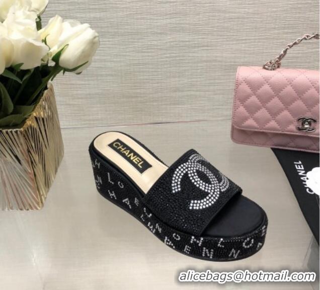 Top Grade Chanel Crystals Allover Wedge Slide Sandals with Letters Black 423011