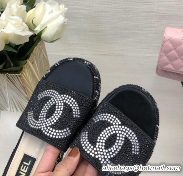 Top Grade Chanel Crystals Allover Wedge Slide Sandals with Letters Black 423011