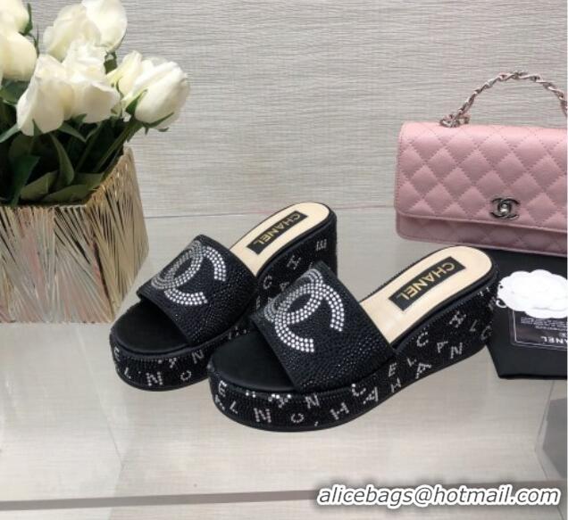 Top Grade Chanel Crystals Allover Wedge Slide Sandals with Letters Black 423011