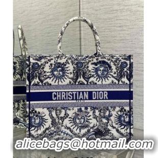 Big Discount Dior Large Book Tote Bag Bag in Toile de Jouy Soleil Embroidery CD5086 White/Blue 2024