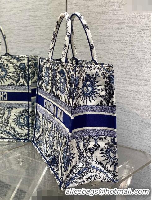 Big Discount Dior Large Book Tote Bag Bag in Toile de Jouy Soleil Embroidery CD5086 White/Blue 2024