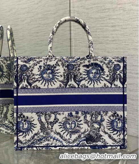 Big Discount Dior Large Book Tote Bag Bag in Toile de Jouy Soleil Embroidery CD5086 White/Blue 2024