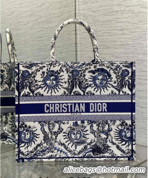 Big Discount Dior Large Book Tote Bag Bag in Toile de Jouy Soleil Embroidery CD5086 White/Blue 2024