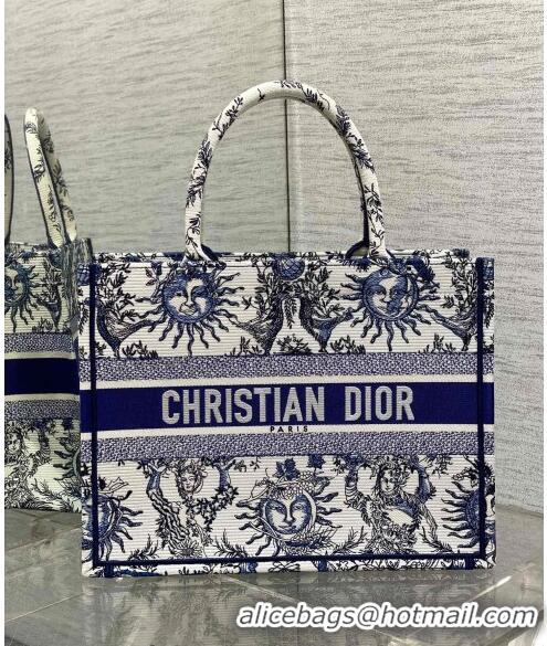 Buy Fashionable Dior Medium Book Tote Bag Bag in Toile de Jouy Soleil Embroidery CD5086 White/Blue 2024