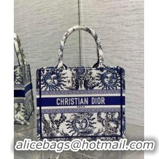 Big Discount Dior Small Book Tote Bag Bag in Toile de Jouy Soleil Embroidery CD5086 White/Blue 2024