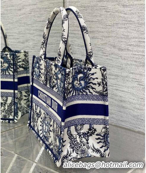 Big Discount Dior Small Book Tote Bag Bag in Toile de Jouy Soleil Embroidery CD5086 White/Blue 2024