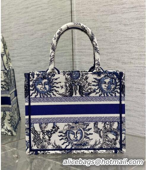 Big Discount Dior Small Book Tote Bag Bag in Toile de Jouy Soleil Embroidery CD5086 White/Blue 2024