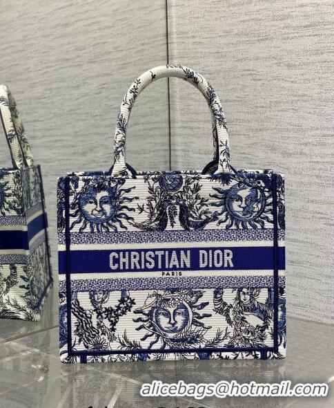 Big Discount Dior Small Book Tote Bag Bag in Toile de Jouy Soleil Embroidery CD5086 White/Blue 2024