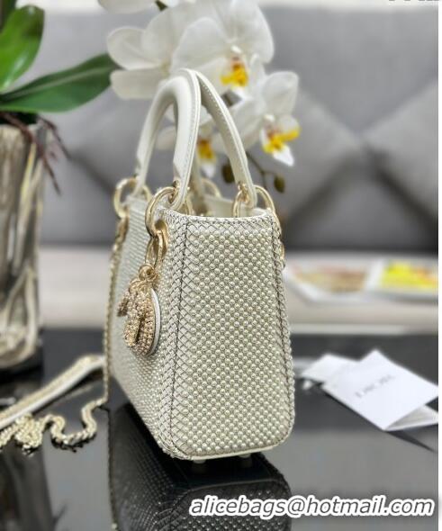 Best Price Dior Mini Lady Dior Bag with Pearls 0415 Allover White 2024