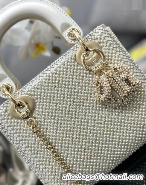 Best Price Dior Mini Lady Dior Bag with Pearls 0415 Allover White 2024