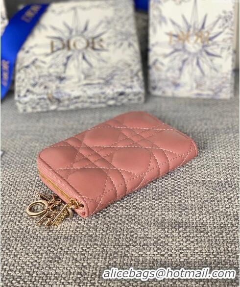 Inexpensive Dior Small Lady Dior Voyageur Coin Purse Wallet in Cannage Lambskin CD5110 Pink 2024