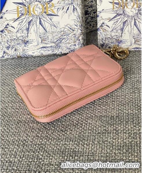 Top Design Dior Small Lady Dior Voyageur Coin Purse Wallet in Cannage Lambskin CD5110 Light Pink 2024