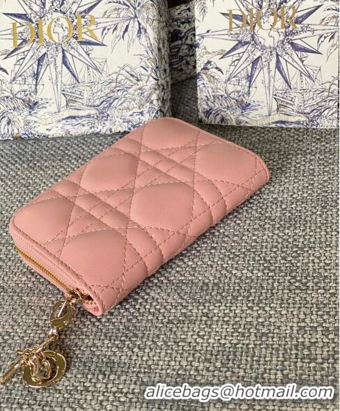 Top Design Dior Small Lady Dior Voyageur Coin Purse Wallet in Cannage Lambskin CD5110 Light Pink 2024