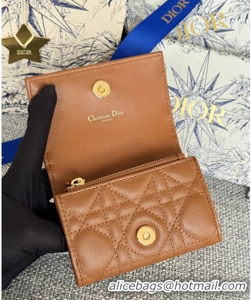 Top Grade Dior Caro Glycine Card Pouch Wallet in Cannage Grained Calfskin 0415 Brown 2024