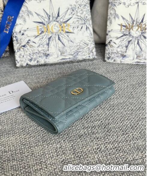 Top Grade Dior Caro Glycine Card Pouch Wallet in Cannage Grained Calfskin 0415 Dusty Blue 2024