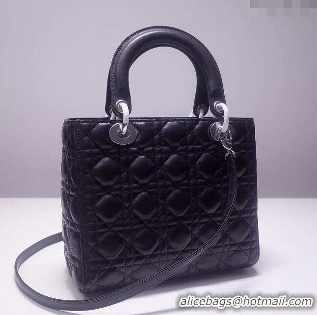 Discount Dior Medium Lady Dior Bag in Cannage Lambskin 44532 Black/Silver 2024