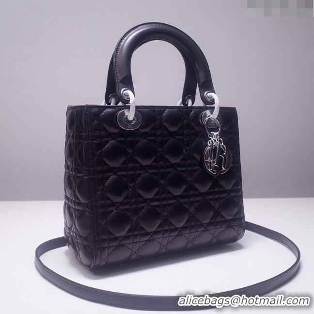 Discount Dior Medium Lady Dior Bag in Cannage Lambskin 44532 Black/Silver 2024