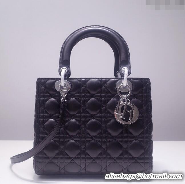 Discount Dior Medium Lady Dior Bag in Cannage Lambskin 44532 Black/Silver 2024