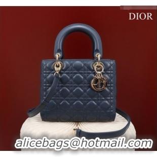 New Design Dior Medium Lady Dior Bag in Cannage Lambskin 44532 Navy Blue/Gold 2024