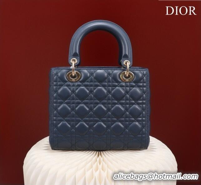 New Design Dior Medium Lady Dior Bag in Cannage Lambskin 44532 Navy Blue/Gold 2024