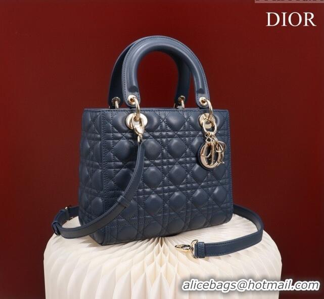 New Design Dior Medium Lady Dior Bag in Cannage Lambskin 44532 Navy Blue/Gold 2024