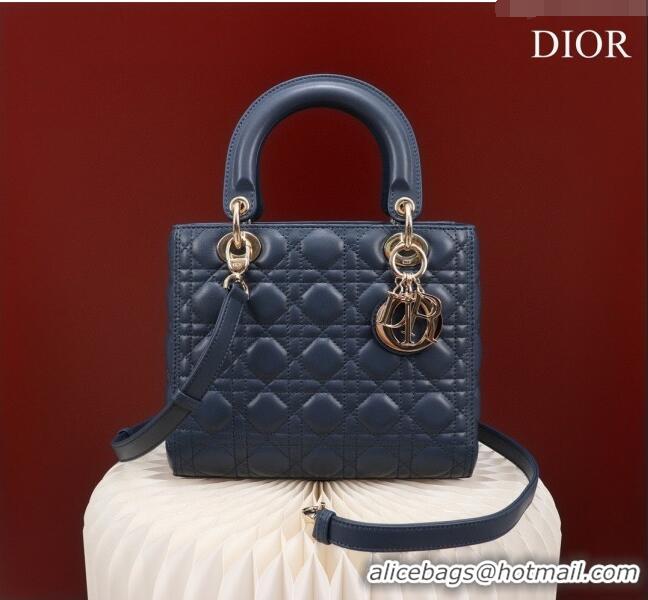 New Design Dior Medium Lady Dior Bag in Cannage Lambskin 44532 Navy Blue/Gold 2024