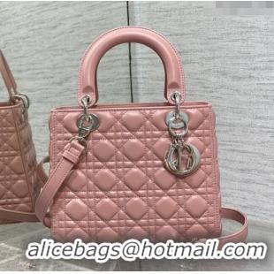 Shop Best Dior Medium Lady Dior Bag in Cannage Lambskin 44532 Pink/Silver 2024