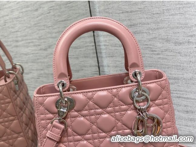 Shop Best Dior Medium Lady Dior Bag in Cannage Lambskin 44532 Pink/Silver 2024