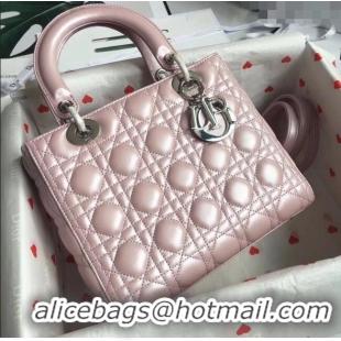 Good Quality Dior Medium Lady Dior Bag in Cannage Lambskin 44532 Pearl Pink/Silver 2024