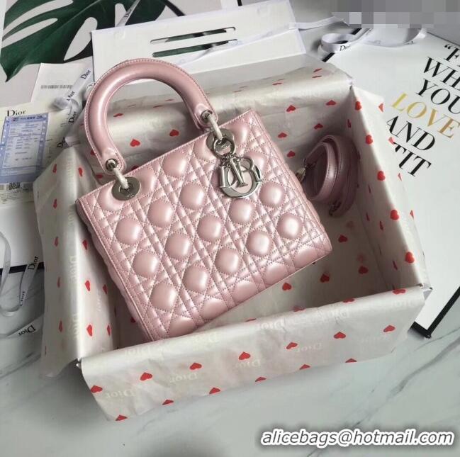 Good Quality Dior Medium Lady Dior Bag in Cannage Lambskin 44532 Pearl Pink/Silver 2024