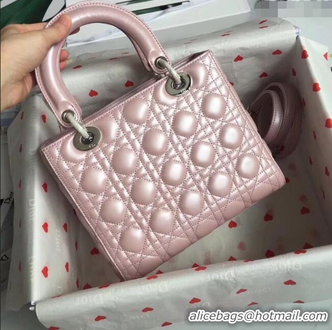 Good Quality Dior Medium Lady Dior Bag in Cannage Lambskin 44532 Pearl Pink/Silver 2024