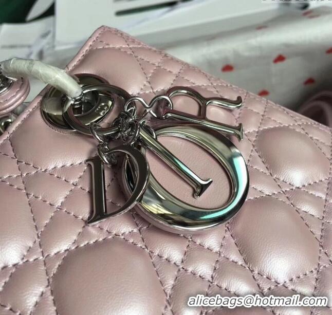 Good Quality Dior Medium Lady Dior Bag in Cannage Lambskin 44532 Pearl Pink/Silver 2024