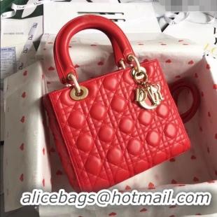 Shop Best Dior Medium Lady Dior Bag in Cannage Lambskin 44532 Red/Gold 2024