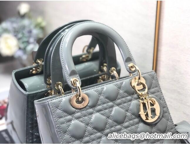 Top Grade Dior Medium Lady Dior Bag in Cannage Patent Leather 44532 Grey/Gold 2024