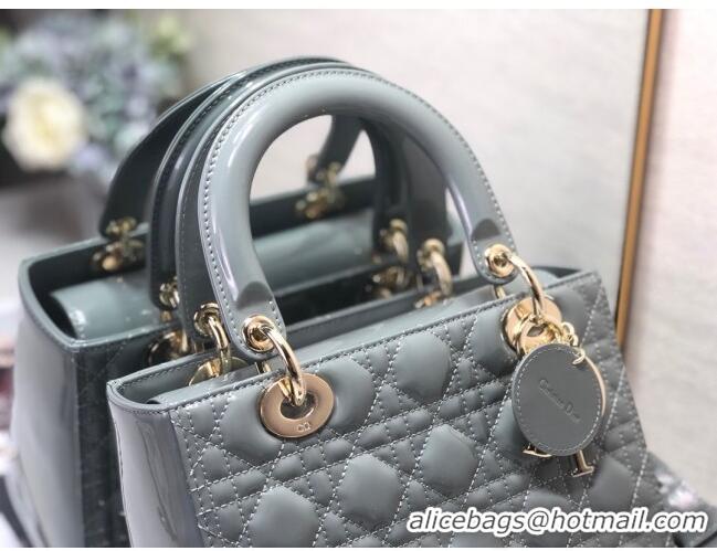 Top Grade Dior Medium Lady Dior Bag in Cannage Patent Leather 44532 Grey/Gold 2024