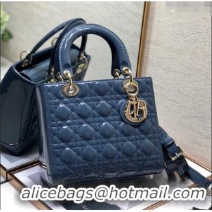 Buy Discount Dior Medium Lady Dior Bag in Cannage Patent Leather 44532 Blue/Gold 2024