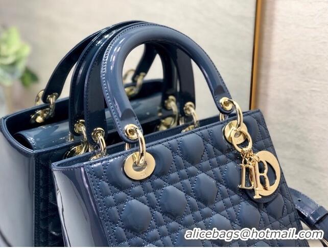 Buy Discount Dior Medium Lady Dior Bag in Cannage Patent Leather 44532 Blue/Gold 2024